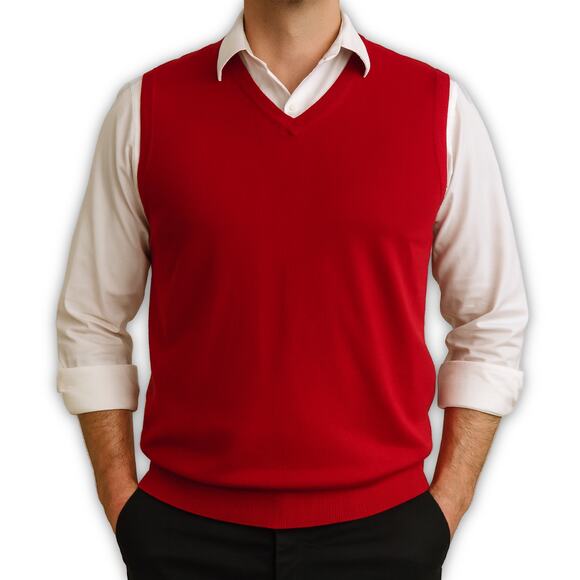Jos A Bank Merino Wool Sweater Vest Red V Neck Knit Size M - Picture 1 of 10